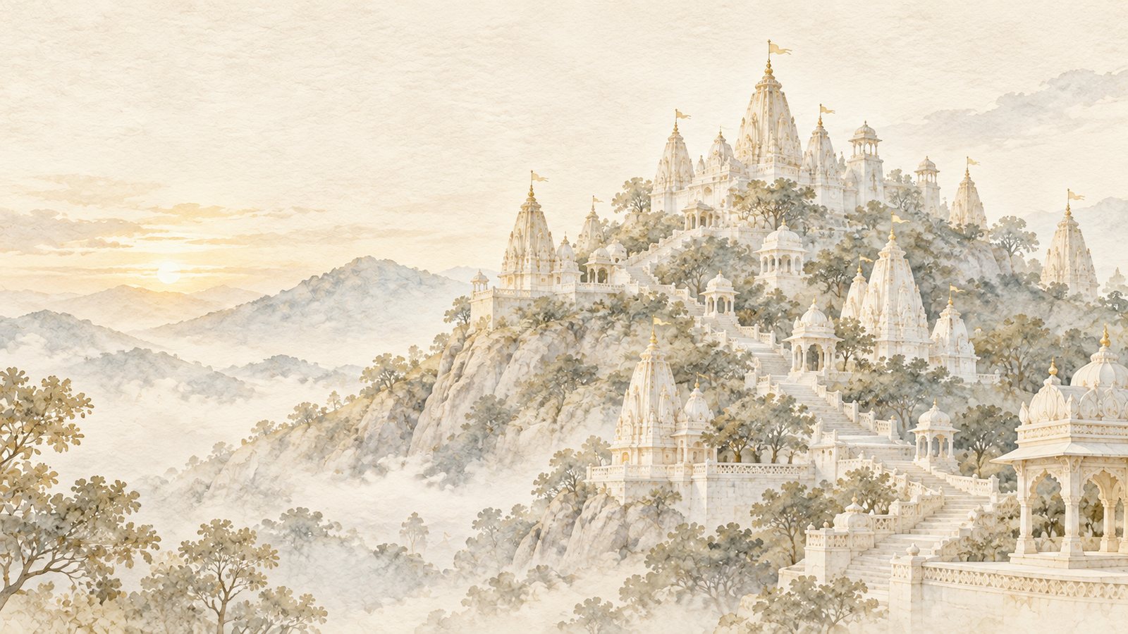 जैन तीर्थ पर्वत का चित्रांकन — तलहटी से शिखर तक सीढ़ियों के सहारे चढ़ते अनेक जिनालय